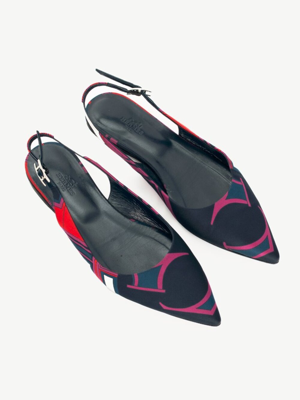 Hermes Laura Navy Les Coupes-Print Slingback Pointed-Toe Flats